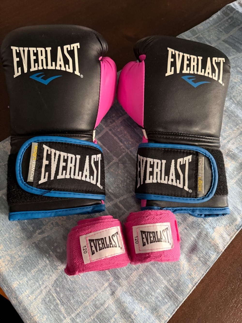 Everlast Black & Pink Boxing Gloves with Blue Trim and Pink Wraps